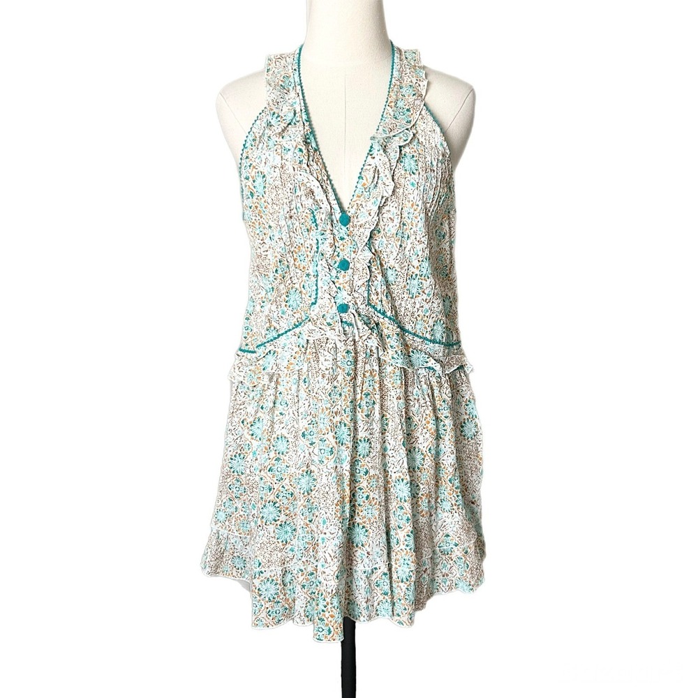 Poupette St Barth Mae Floral Eyelet Ruffle Mini Dress Aqua Ceramique Size Medium